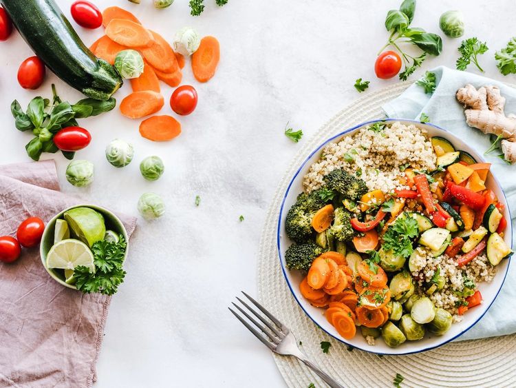 Fruits and vegetables in bowls