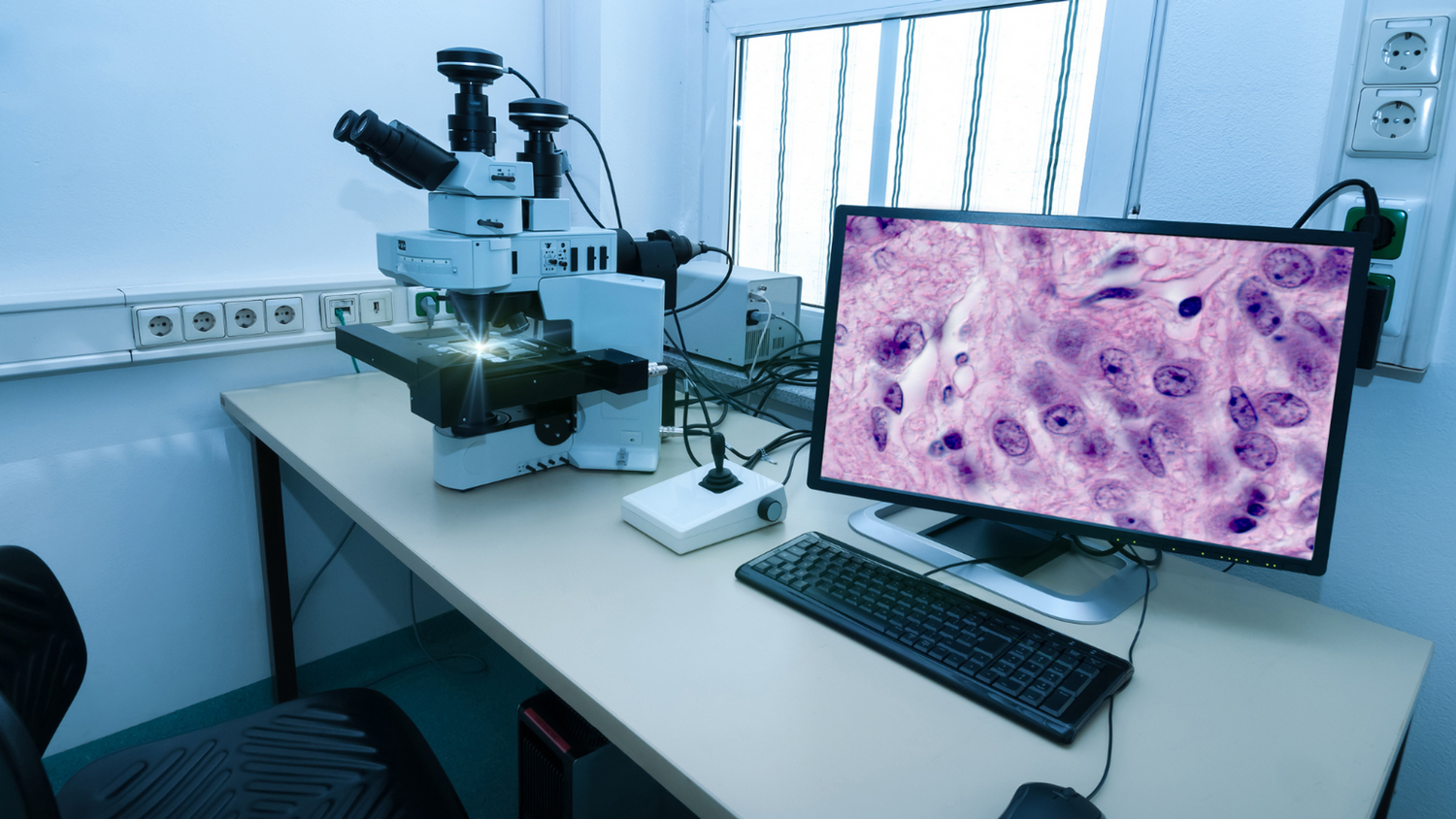 Miscroscope sits by a PC which is showing various viruses
